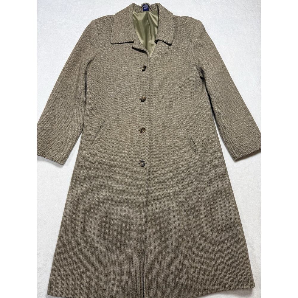 Lands' End Herringbone Wool Blend Overcoat Size 8 Brown Coastal Academia Vintage